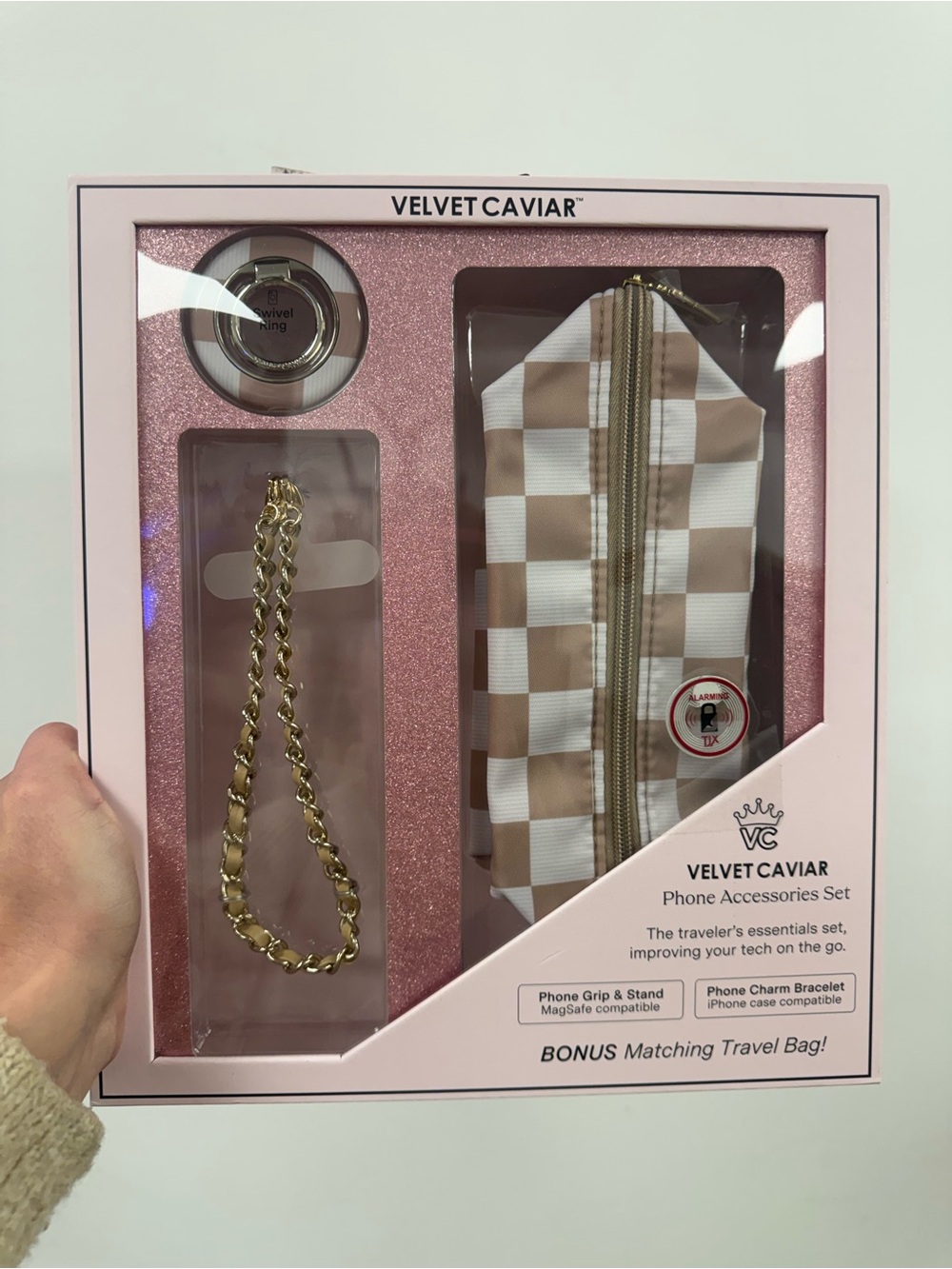 Velvet Caviar Beige & White Checker Phone Accessories Set
